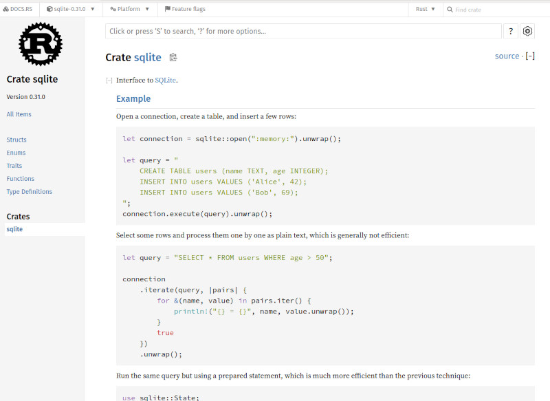Screenshot of the sqlite crate documentation